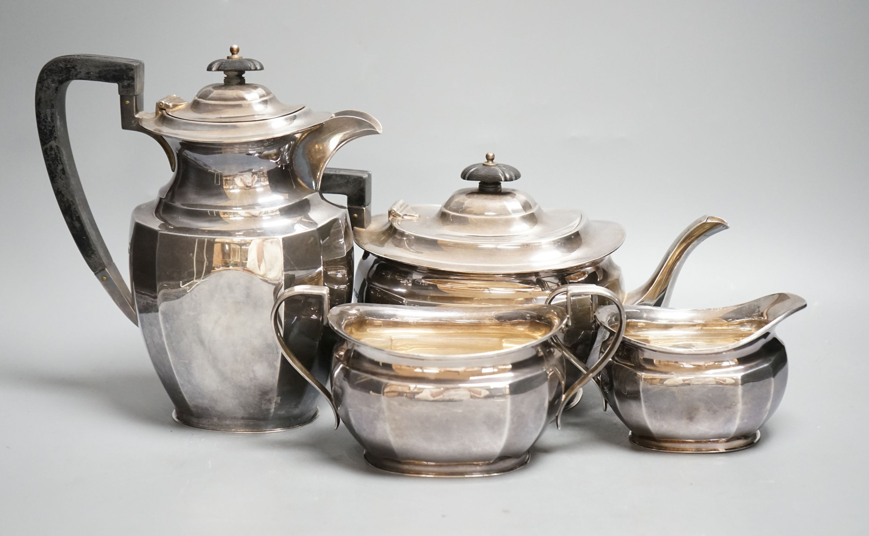 A George VI silver four piece tea set, Atkin Bros. Sheffield, 1944, gross 52oz.